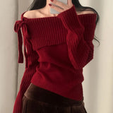 MQTIME  -  French Fashion Women Turn Down Slash Neck Long Sleeve Pullover Harajuku Y2k Korean Sweet Knitted Sweater High Street Jumper