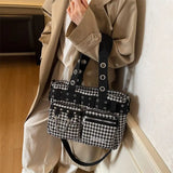 MQTIME  -  Korean Y2K Retro Strap Grid Large-capacity Tote Bag Commuting Storage Bags Crossbody Bag Shoulder Bags Woman Bag Handbag
