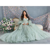 MQTIME  -  Elegant Tulle Maternity Dress for Photoshoot Ruffle Puff Sleeves Bridal Robe Maternity Gowns Green Pregnancy Photography Dresses