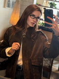 MQTIME  -  Women Elegant Suede Brown Bomber Jackets Fashion Ladies Casual Loose Outfits for Vintage Female Chic Clothes Cute