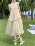 MQTIME  -  Casual Women's Pleated Cake Sundress Summer Vacation New Beige Sleeveless Temperament Elegant Round Neck Fashion Vest Dresses