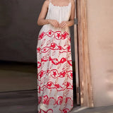 MQTIME  -  Spring Summer Suspender Long Dresses Fashion Contrast Print Bohemian Vacation Dress Sexy U Neck Swing Evening Dress Vestido