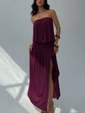MQTIME  -  Wrinkle design slit summer fashion casual new dress beach vacation style backless strapless temperament dress