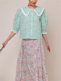  MQTIME  -  Price Women Print Peter Pan Collar Sweet Cotton Green Lace Stitching Blouse