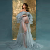 MQTIME  -  Sheer Tulle Maternity Dress for Photoshoot Off the Shoulder Illusion Tiered Pregnant Women Babyshower Dresses Photography Gown