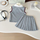 MQTIME  -  Baby Girl College Style Summer 2PCS Clothes Set Polo Collar Kid Girl Vest Top Set Thin Stylish Stripe Pleated Skirt Belle Outfit