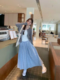 MQTIME  -  White Blue Plaid Skirt Cotton Midi Long Skirts Pleated A-line Women Summer#e-girl fairycore 2000s vintage aesthetic korean cloth