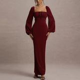 MQTIME  -  Sexy Stylish Lantern Sleeve Wrap Hips Dress Elegant Solid Color High Waist Party Dress Lady Commute Simple Lace Up Maxi Dresses