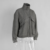 MQTIME  -  Women's Autumn Grey Zipper Outwear Jackets Solid Loose Patchwork High Waist Cropped Top Coat Streetwear Chic Casual Lady Tops