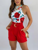 MQTIME  -  Sexy Off Shoulder Sleeveless T-shirt Shorts Set Office Lady Floral Print Tops Solid Shorts Two Piece Set Women Outfit Camis