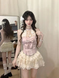 MQTIME  -  Korea Sweet Lace Two Piece Set Women Pink Bow Hollow Out Tops + Layered Ruffle Skirt Suit Elegant Princess Fairy Style Outfit