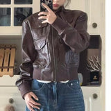 MQTIME  -  Short Punk Biker Jacket Women Stylish High Street Zip Up Faux Leather Cropped Coat
