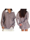MQTIME  -  Women s Striped Long Sleeve T-shirt with Turn-down Collar Perfect for Casual Daily Wear in the Fall Season Streetwear Style