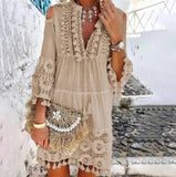 MQTIME  -  Beach Boho White Lace Fashion Eu Mini Dress Women Autumn Pop Tassel Loose V Neck Dresses Lady Female Clothing