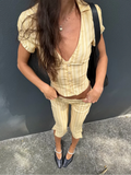 MQTIME  -  Women Striped 2 Piece Matching Set Beige Short Sleeve Deep V Crop Flare Pants Sexy Retro Outfit Summer Beach Street Chic Wear