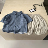 MQTIME  -  Boys' Suit Spring and Summer New Childrens Wear Korean Boy Baby Striped Short-sleeved Lapel Shirt Loose Shorts Two Sets