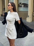 Mqtime Elegant Solid Fake Pocket Women Mini Dress Chic O-neck Short Sleeve Bodycon Dresses  New Office Lady Commuting Robes