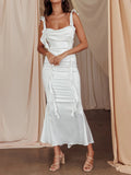 MQTIME  -  Elegant Sleeveless Maxi Dress with Flattering Ruched Detail and Chic V-Neckline for Women s Evening Party Wear