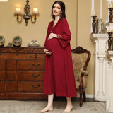 MQTIME  -  Elegant Temperament  Pregnant Woman's Sleeping Dress Autumn New V-neck Lounge Wear Soft Breathable Loose Fitting Maternity Dress