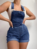  MQTIME  -  American Vintage Light Blue Denim Backless Shorts, High-Waisted Roll-Up Hem Slimming Casual Style, Loose-Fitting Women's Summer
