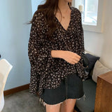 Mqtime V-neck Chiffon Shirt Women Sweet Tops Blouse Spring Korean Floral Print Long Sleeve Casual Loose Slim Lady Clothes New