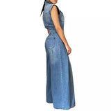 MQTIME  -  Washed Denim Jumpsuits Women Fashion Lapel Button High Waist Sleeveless Jumpsuit Streetwear Spring Summer New Female Clothing