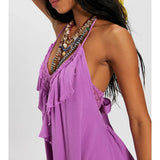 MQTIME  -  Women Lace-up Halter V-Neck Sleeveless Tied Open Back Solid Ruffle Trim Decor Summer Layered Flowy A-line Mini Dress