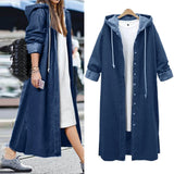 MQTIME  -  Fashion Streetwear Overcoat Chic Long Hooded Outwear Women Casual Denim Jacket Single-breasted Cardigan Ankle Length Coat