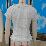 MQTIME  -  Women Vintage Babydoll Milkmaid Blouse Floral Embroidery Eyelet Top Button Down Frilly Trim T-shirt Y2k Cottage Puff Sleeve Tee