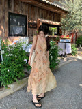 MQTIME  -  Women French Retro Style Sleeveless Lace Floral Printed  Dress Women's Summer Waist Slim Beautiful Long Dresses
