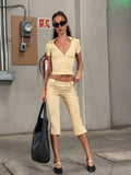 MQTIME  -  Women Striped 2 Piece Matching Set Beige Short Sleeve Deep V Crop Flare Pants Sexy Retro Outfit Summer Beach Street Chic Wear