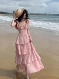 MQTIME  -  New French Sweet Pink Ruffles Beach Holiday Sleeveless Dress Women O-neck Slim Print Midi Tank Cake Long Dress Vestidos