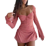 MQTIME  -  Women's Solid Color Square Neck See-theough Mesh Long Flare Sleeve Drawstring Pleated Halter Neck Short Mini Dress