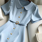 MQTIME  -  Solid Color A-Line Party Dress Summer New Women Peter Pan Collar Golden Single Breasted Slim Office Lady Midi Vestido Robe 837P