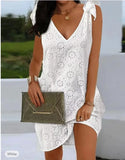MQTIME  -  Summer Lace Dress V Neck Sleeveless Boho Cotton Dress Embroidery Hollow Out Lace-up Vestidos Lose Fit Robe Femme Été
