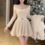 MQTIME  -  Women Rhinestone Mesh Off Shoulder Mini Dress Long Sleeve Autumn Winter French Style Elegant A Line Party Short Dresses 2 Colors