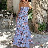MQTIME  -  Bohemian Off Shoulder High Waist Long Dress Elegant Strapless Split Holiday Dress Fashion Floral Print Folds Women's Party Dress