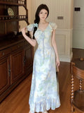 MQTIME  -  Dresses Women Temperament Floral Printed Ruffles Patchwork Bandage V Neck Elegant Summer Fashion Female Dress Casual