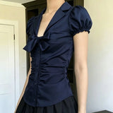  MQTIME  -  Temperament Preppy Style Bow V Neck Puff Short Sleeve Women's Blouse Y2k Aesthetic Harajuku Pleated Casual Shirts Spice Clothes