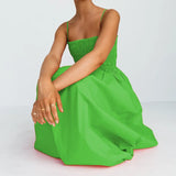 MQTIME  -  Fashion Sleeveless Pleated A-line Long Dress Summer Slash Neck High Waist Dresses Women Beach Spaghetti Strap Cloth