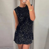 MQTIME  -  Sexy Glitter Sleeveless Bow Decoration Dress Fashion O-Neck Slim Party Sequins Dress Women Slim High Street Pullover Mini Dress