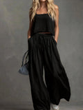 MQTIME  -  Spring and Summer Women's Solid Color Casual Cotton and Linen Suspender Top Wide Leg Pants Set