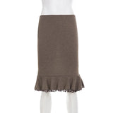  MQTIME  -  Women's Elegant Low-Waisted Ribbed Knit Midi Skirt with Ruffle Hem Bodycon Pencil Skirt Perfect for Office And Streetwear Autumn