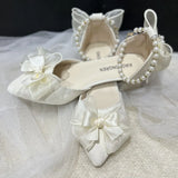 Mqtime Bow Wedges Shoes for Women Pearl White Y2k Lolita Slingback Shoes Women Kitten Heel Japanese School Shoes