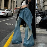 MQTIME  -  Blue fake two-piece jeans female autumn and winter 2024 new retro niche design sense irregular skirt flared pants wide-leg pants