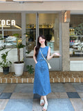 MQTIME  -  Summer Long denim Dress Women's Korean V-neck Sleeveless Stripe Printed High Waist A-line Dress