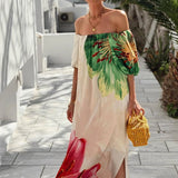 MQTIME  -  Summer Casual Vacation Pleat Maxi Dress Elegant Puff Sleeve High Waist Party Dress Fashion Slash Collar Off Shoulder Print Dress