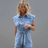 Mqtime  Casual Polo Collar Button-Up With Pockets Summer Jean Romper Women Flying Sleeve Belt Denim Playsuit