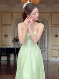 MQTIME  -  Sexy Spaghetti Strap Square Neck Ruffles Design Long Dress Women Matcha Sleeveless A-line Dresses Elegant Evening Party Gowns