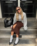  MQTIME  - Solid Commute Mid-Length Skirt For Women High Waist Elegant Commute Half-Slit Slim Party Looks Clothes Female Maxi Skirts